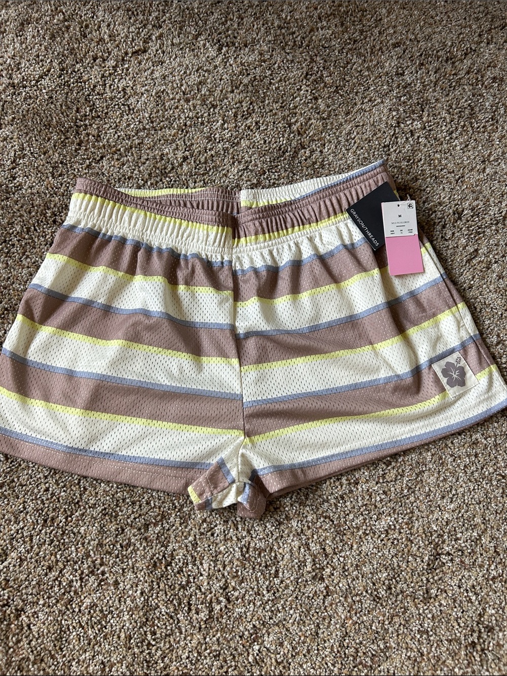 Grayson Threads Striped Mesh Athletic Shorts - Beige, White & Yellow